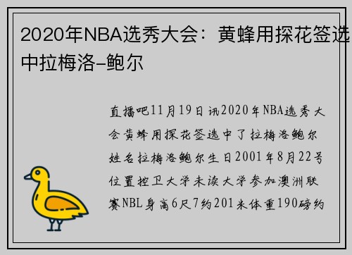 2020年NBA选秀大会：黄蜂用探花签选中拉梅洛-鲍尔