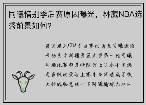 同曦惜别季后赛原因曝光，林葳NBA选秀前景如何？