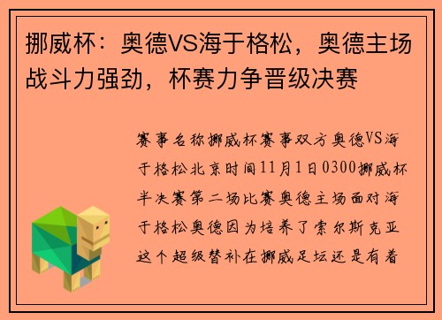 挪威杯：奥德VS海于格松，奥德主场战斗力强劲，杯赛力争晋级决赛